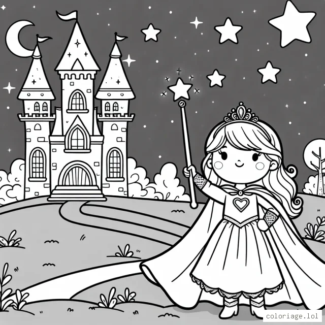Une princesse costumée en super-héroïne brandissant son sceptre magique devant son château enchanté sous un ciel étoilé.
