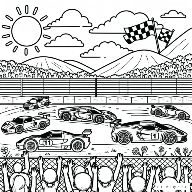 Dessine une course épique de voitures de sport sur une piste animée, avec une variété de modèles et des spectateurs encourageant.