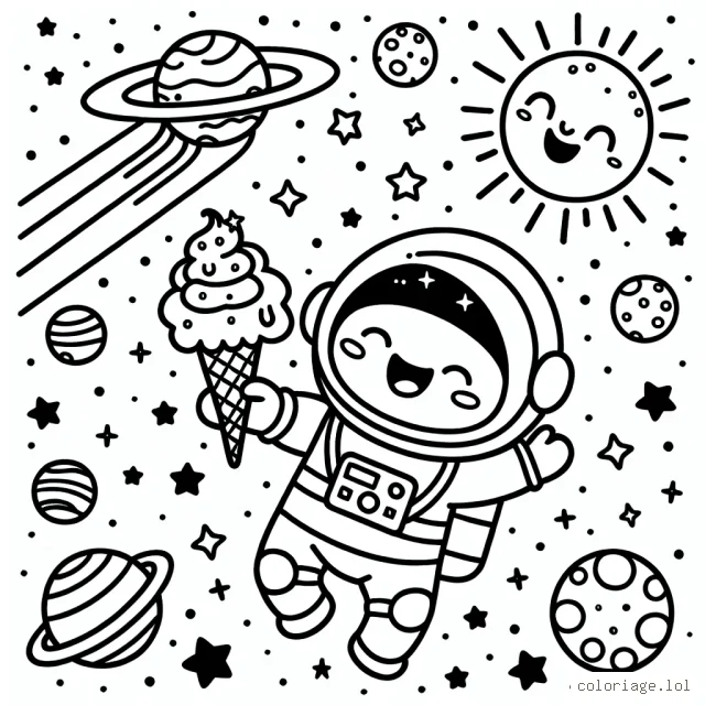 Un astronaute riant tout en flottant dans l'espace, tenant une grande glace multicolore dans une main et essayant de rattraper une étoile filante avec l'autre, entouré de planètes de différentes formes et tailles.