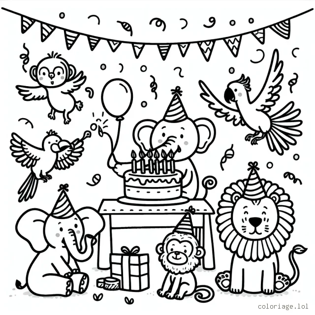 Imagine une scène d'anniversaire merveilleuse tenue par des animaux de la jungle. Les éléphants et les singes portent des chapeaux de fête, les perroquets volent avec des guirlandes colorées et le lion souffle les bougies sur le gâteau d'anniversaire.