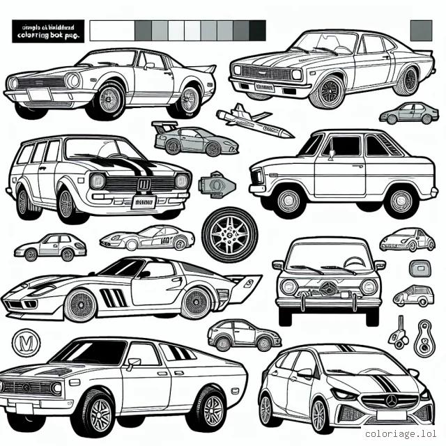 Dessine une série de voitures par marque, en incluant les modèles emblématiques de chaque entreprise. Assure-toi de bien mettre en valeur les logos et caractéristiques distinctives de chaque voiture.