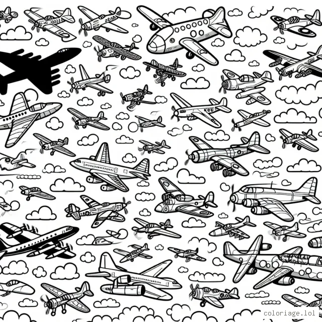 Un spectacle aérien rempli d'avions de différentes formes et tailles est en cours. Il y a des avions de chasse, des avions de transport, des biplans et même des jets supersoniques. Tous volent ensemble, créant une scène extraordinaire dans le ciel. Pouvez-vous ajouter de la couleur à cette scène magnifique?