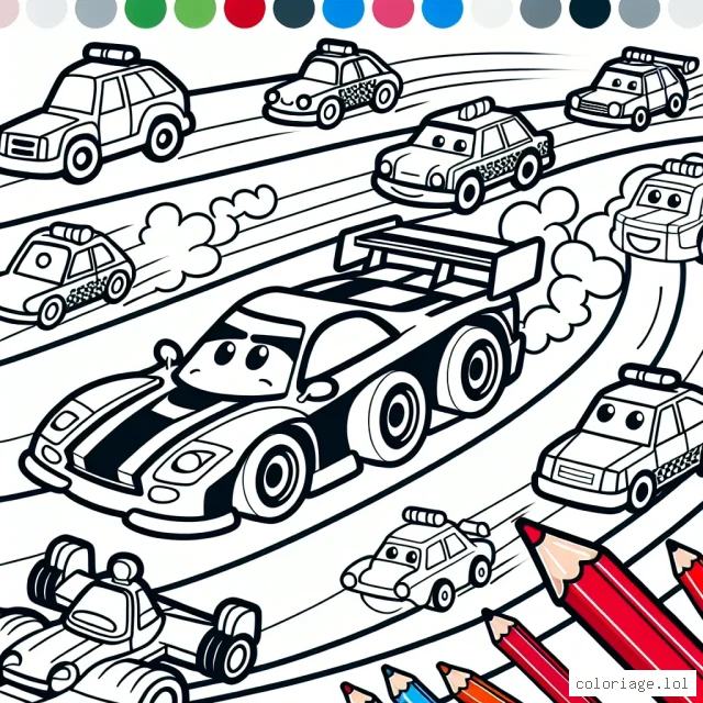Sur cette page se trouve un circuit de voitures animé avec des voitures de différentes formes et tailles. Au centre du circuit, il y a une grande voiture de course rouge avec des bandes blanches. Elle est poursuivie par une voiture de police bleue avec des lumières clignotantes. Décorez la scène avec vos couleurs préférées.