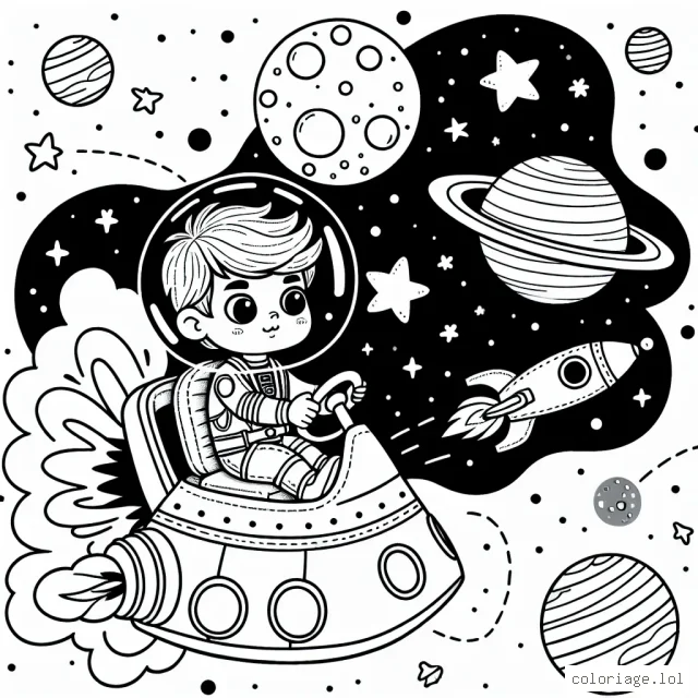 Un petit garçon intrépide aux commandes d'un vaisseau spatial explorant les confins de l'univers, entouré de planètes, d'étoiles et de comètes.