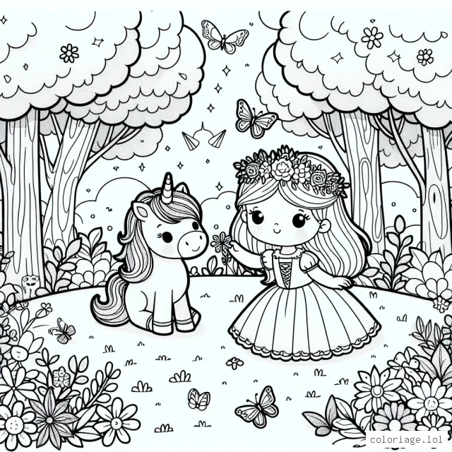 Une petite princesse joue avec son chaton unicorne dans une forêt enchantée pleine de fleurs et de papillons.