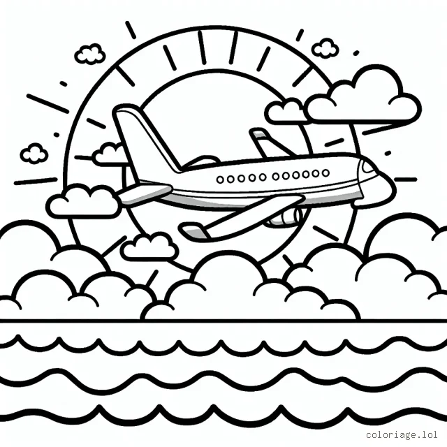 Un avion en vol survolant l'océan, avec des nuages autour et le soleil couchant en arrière-plan