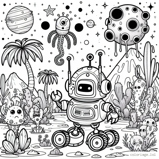 Imagine une scène fantastique où un petit robot amical explore une planète lointaine pleine de créatures spatiales et de plantes extraterrestres colorées. Le robot, aux lignes simples et arrondies, est équipé de multiples accessoires utiles pour son exploration : antennes pour communiquer avec la base terrestre, bras mécaniques pour collecter des échantillons, roues tout-terrain pour naviguer sur la surface accidentée. Les créatures spatiales peuvent être de formes et de couleurs variées, allant des tentacules munis de yeux à des créatures ressemblant à des dinosaures avec des plumes. Les plantes extraterrestres peuvent avoir toutes sortes de formes étranges et de magnifiques couleurs.