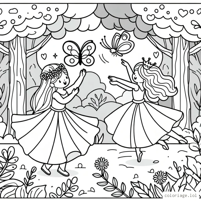 Une princesse dansante avec un papillon dans une forêt enchantée