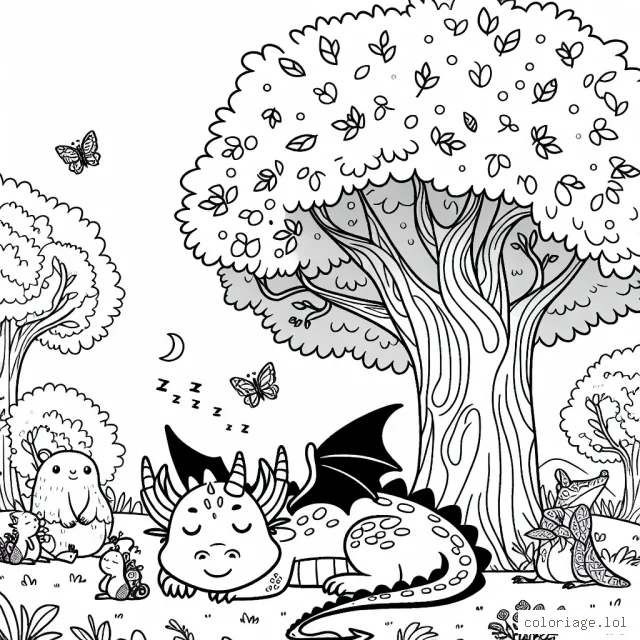 Un gentil dragon dormant paisiblement sous un arbre enchanté, entouré de créatures magiques de la forêt