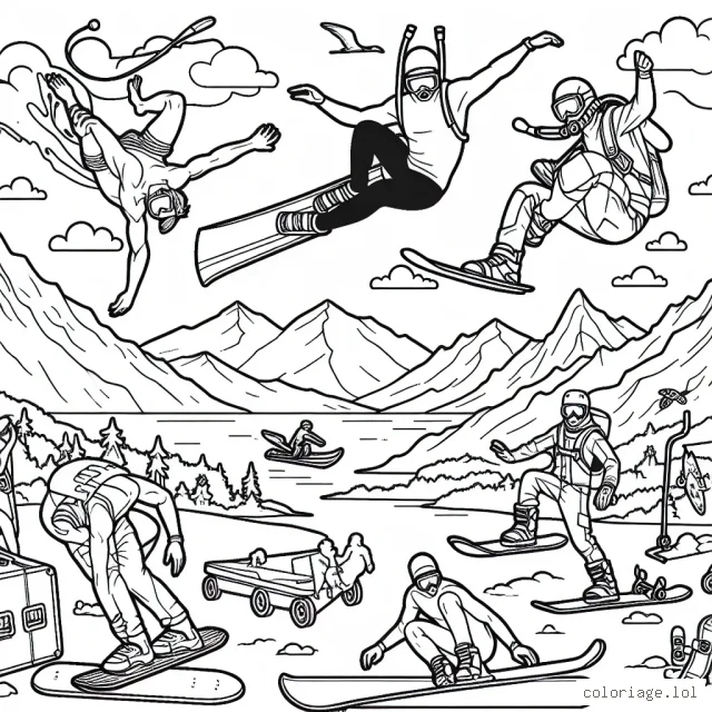 Une scène riche en action avec des sportifs extrêmes plongeant, surfant, faisant du snowboard et du skateboard au milieu de montagnes, d'océans et de rampes de skate.