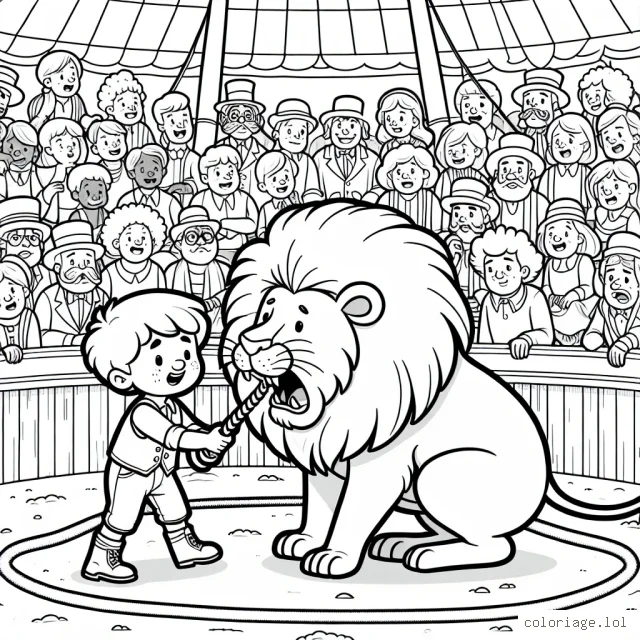 Sur la scène d'un cirque animé, un petit garçon courageux tente de dompter un lion féroce. De nombreux spectateurs sont assis autour du cercle et regardent avec émerveillement. Cherche à colorier la scène vibrante de vie et d'action.
