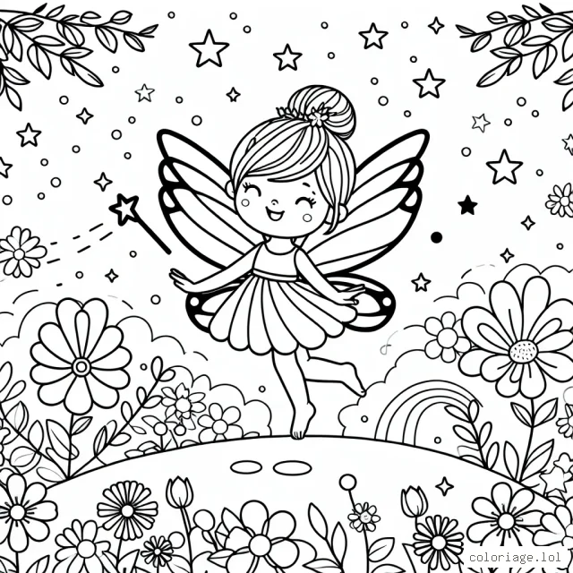 Dans un univers féérique, une petite fée aux grandes ailes danse joyeusement au milieu des fleurs multicolores sous un ciel étoilé.