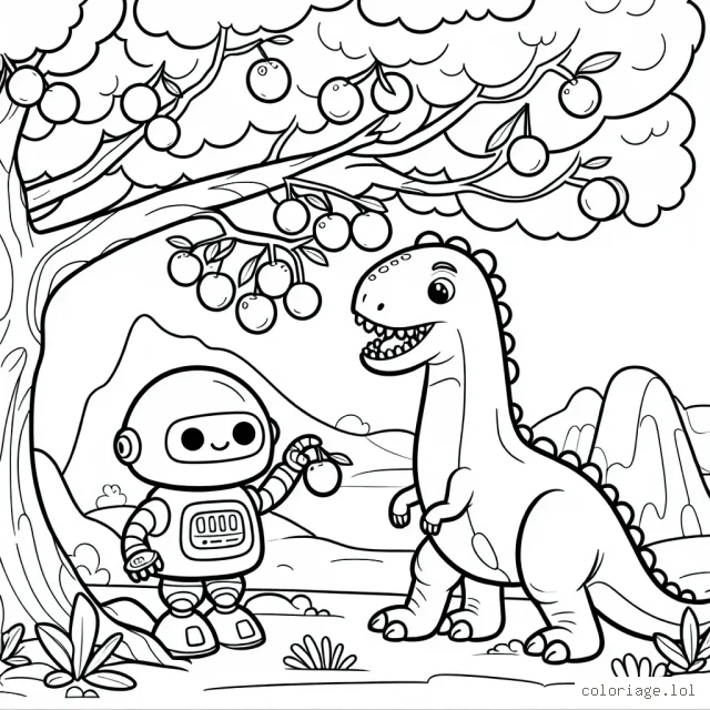 Imagine une scène dans laquelle un petit robot amical aide son ami dinosaure à cueillir des fruits dans un arbre géant sur une planète lointaine.