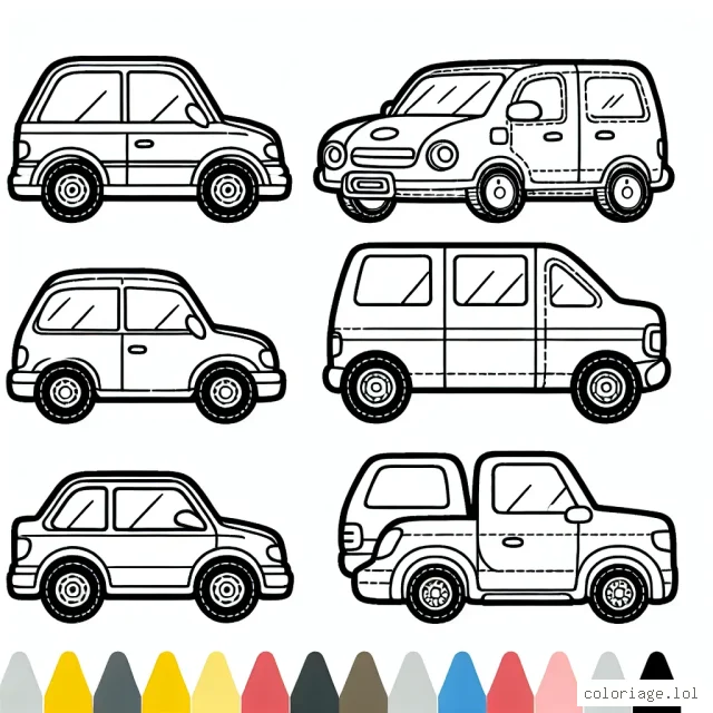 Des voitures illustres de diverses marques sont garées côte à côte. Peux-tu les colorier selon leurs couleurs originales et reconnaissables?