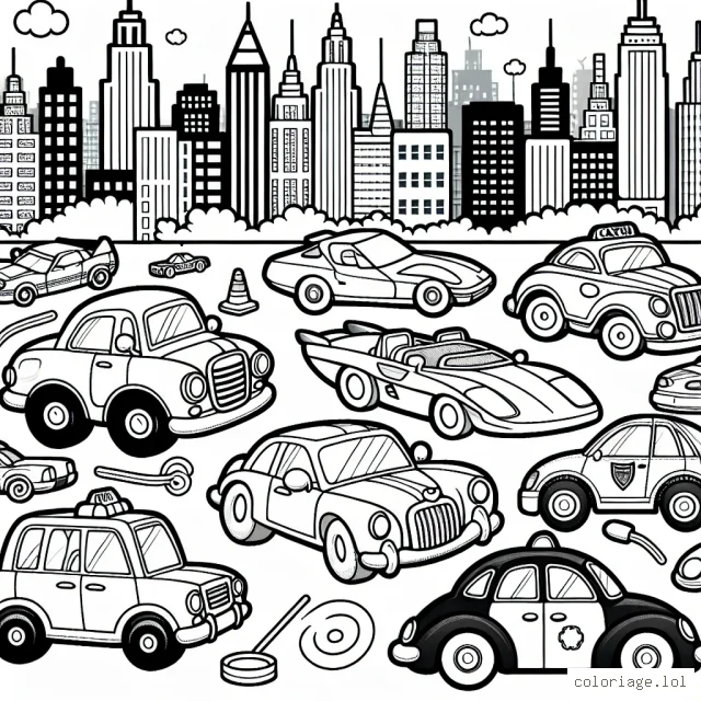 Une scène animée dans une ville animée avec plusieurs types de voitures allant des voitures de sport aux taxis et aux voitures de police, dessinées à la manière des dessins animés pour enfants