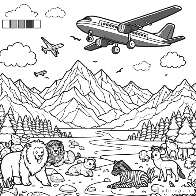 Un avion survole un magnifique paysage de montagnes avec des animaux sauvages ci-dessous.