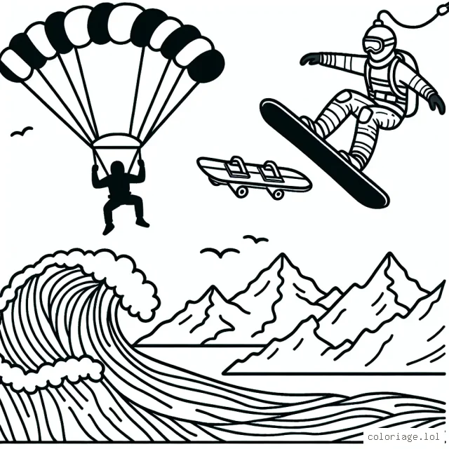 Dessine un parachutiste en plein saut, un surfeur sur une grande vague et un snowboardeur dévalant une pente montagneuse.