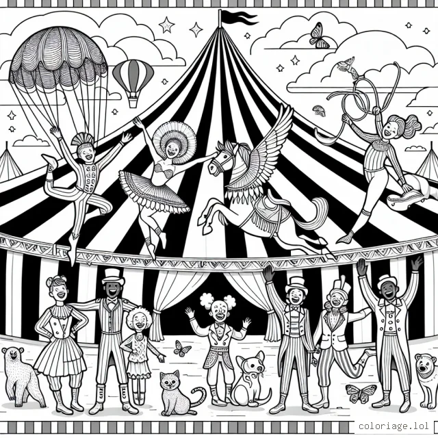 Un cirque animé remplit de joie et d'aventure, avec les acrobates volants, le clown rigolo, ringmaster, animaux dressés et la grande tente rayée.