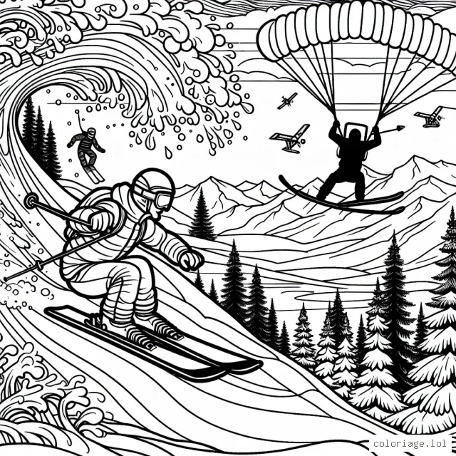 Dessine une scène impressionnante de sports extrêmes où un skieur descends une pente de montagne enneigée avec des arbres sur les côtés, un surfeur ride une grosse vague en arrière-plan et un parachutiste descend du ciel.