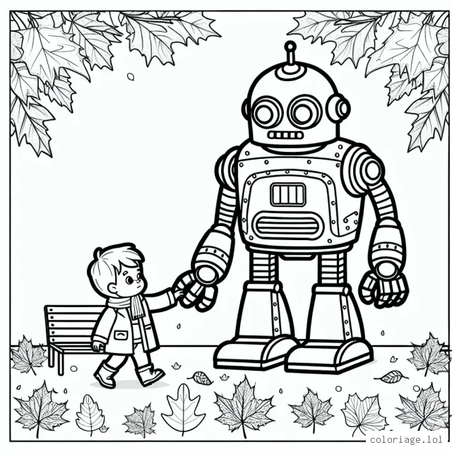 Un petit garçon joue avec son robot géant dans un parc rempli de feuilles d'automne.