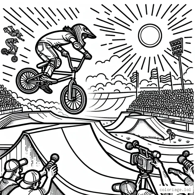 Vous voyez devant vous une piste de BMX plein de bosses et de virages, avec une foule enthousiaste en arrière-plan. Sur la piste, dessinez un cycliste équipé de son casque, de ses protections et de son BMX en plein saut au dessus d'une bosse gigantesque, faisant un tour complet en l'air (un 360). Ajoutez aussi des détails comme le soleil radieux, des drapeaux flottants, des caméras de télévision, etc. pour rendre le dessin plus dynamique et passionnant.