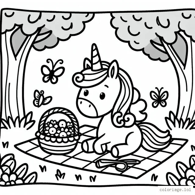 Un joli licorne faisant un pique-nique avec ses amis les papillons dans un coin de paradis