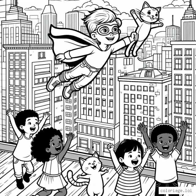 Une scène dynamique montrant un petit garçon super-héros volant au-dessus d'une ville animée pour sauver un chat coincé sur un toit, alors que plusieurs enfants lèvent les bras en signe de joie et de soutien