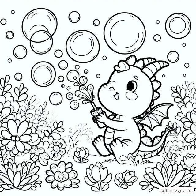 Un petit dragon qui souffle des bulles de savon magiques dans un jardin plein de fleurs colorées.