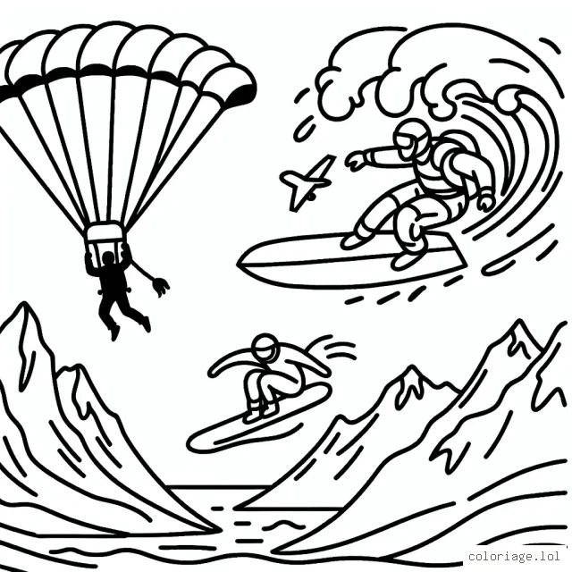 Dessine un parachutiste en pleine chute libre, un surfeur sur une énorme vague et un snowboardeur dévalant une montagne escarpée.