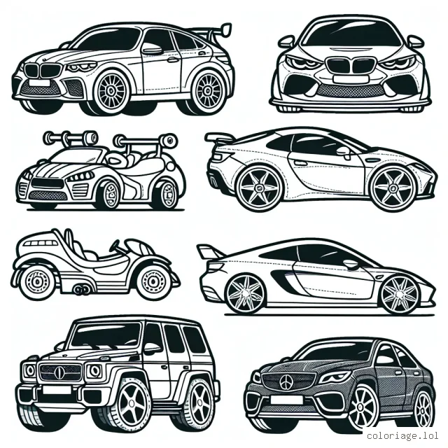 Dessine une série de voitures de marques célèbres comme Ferrari, BMW, Audi, Mercedes, Porsche, Lamborghini et Renault. Assure-toi de bien souligner les détails distinctifs de chaque voiture.