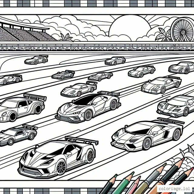Un circuit de course rempli de voitures de sport futuristes et classiques, en dessins à colorier.