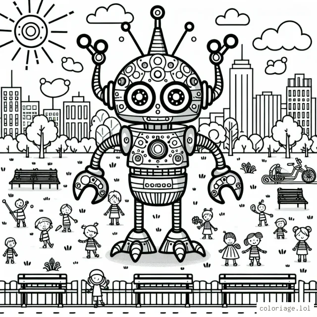 Dessine un fantastique robot extraterrestre ayant atterri dans le parc de ta ville. Ton robot devrait avoir de multiples bras mécaniques, un corps colossal brillant et des lumières scintillantes pour les yeux. Imagine comment les autres enfants du parc réagiraient à sa présence.