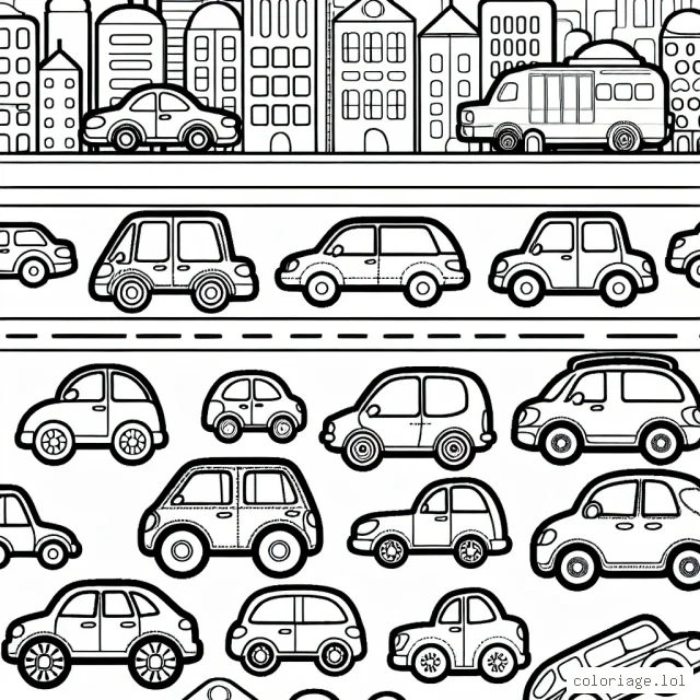 Dessin d'une joyeuse parade de voitures de diverses formes et tailles roulant dans une ville animée