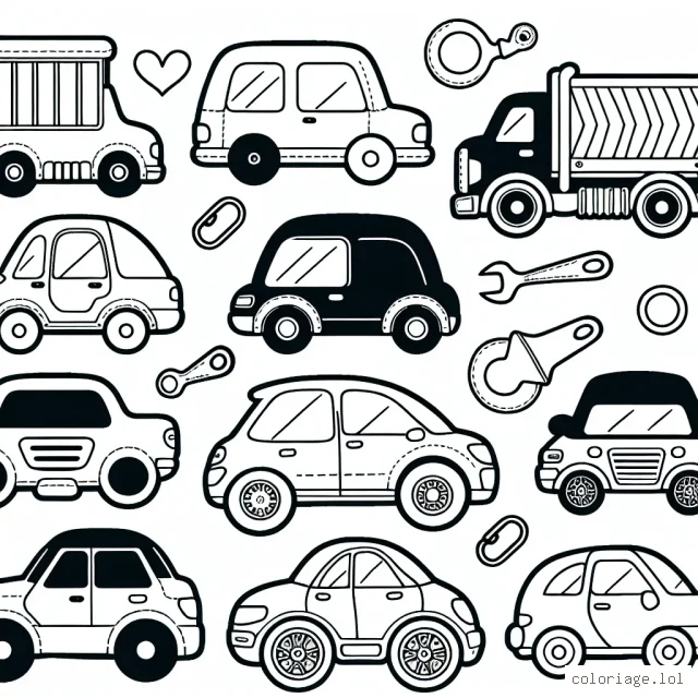 Créer un coloriage détaillé montrant différentes marques de voitures