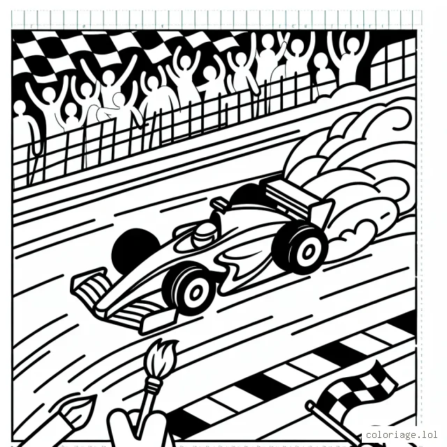 Dessine une voiture de course roulant à toute vitesse sur un circuit animé, accompagnée de ses fans qui l'acclament depuis les gradins.