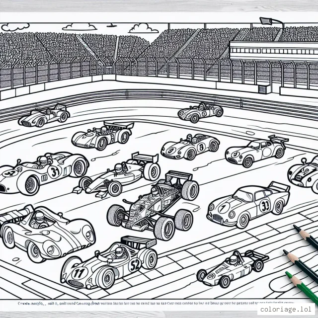 Un grand circuit de course rempli de voitures de divers styles et époques. Certaines voitures filent à toute vitesse pendant que d'autres sont dans les stands pour des réparations rapides. Il y a également une tribune bondée de spectateurs enthousiastes, qui soutiennent leurs équipes préférées.