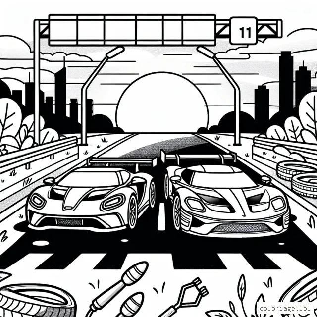 Dessine une course palpitante de voitures de sport, avec des voitures aux formes variées et aux designs éclatants. Assure-toi d'inclure des détails comme les traces de pneus, les panneaux de signalisation et peut-être même un magnifique lever de soleil en arrière-plan pour accentuer l'ambiance.