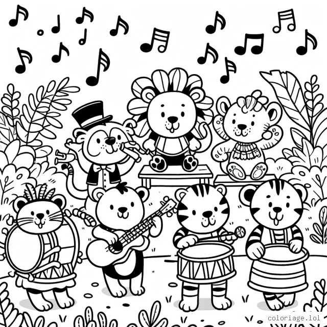 Coloriez une parade d'animaux musiciens dans une jungle joyeuse
