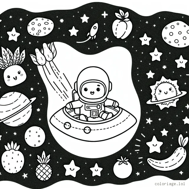 Un astronaute attrape les étoiles en forme de fruits tout en naviguant sur un vaisseau spatial arrondi. Le voyant traverser un champ d'astéroïdes et d'étoiles filantes en forme de légumes. Il y a aussi des planètes au loin qui ressemble à divers fruits.