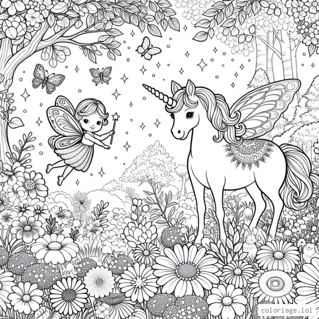 Dans un jardin féerique plein de fleurs et d'animaux éclatants de couleurs, une petite fée aux ailes scintillantes vole autour d'une magnifique licorne.