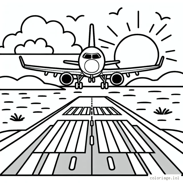 Dessine un avion de ligne atterrissant sur une piste d'aéroport avec le soleil couchant en arrière-plan.