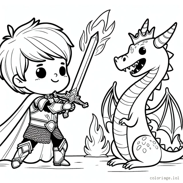 Un petit garçon courageux avec une armure lumineuse et une épée scintillante, se prépare à défendre son royaume contre un dragon féroce qui crache du feu.