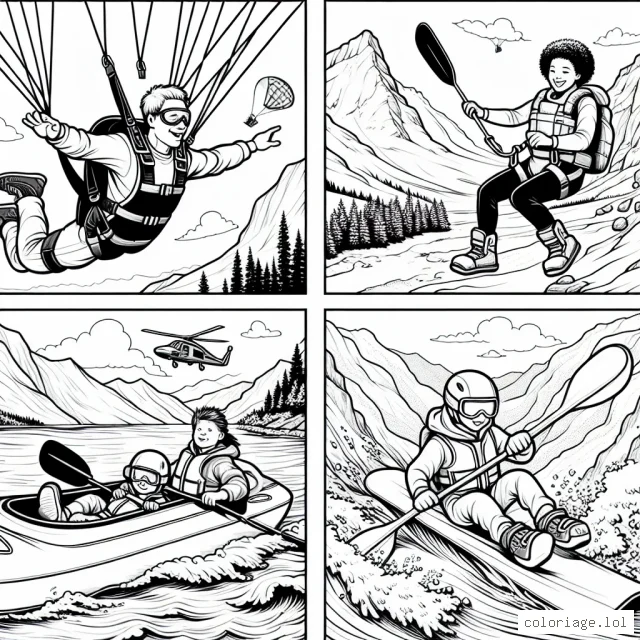 Imagine une scène dynamique où un groupe de quatre amis fait du sports extrêmes. Le premier fait du saut en parachute, le deuxième du kayak dans les rapides, le troisième du snowboard sur une pente abrupte et le quatrième de l'escalade sur une falaise. Beaucoup de détails sont nécessaires pour la chute libre, la rivière sauvage, la montagne enneigée et la roche escarpée.