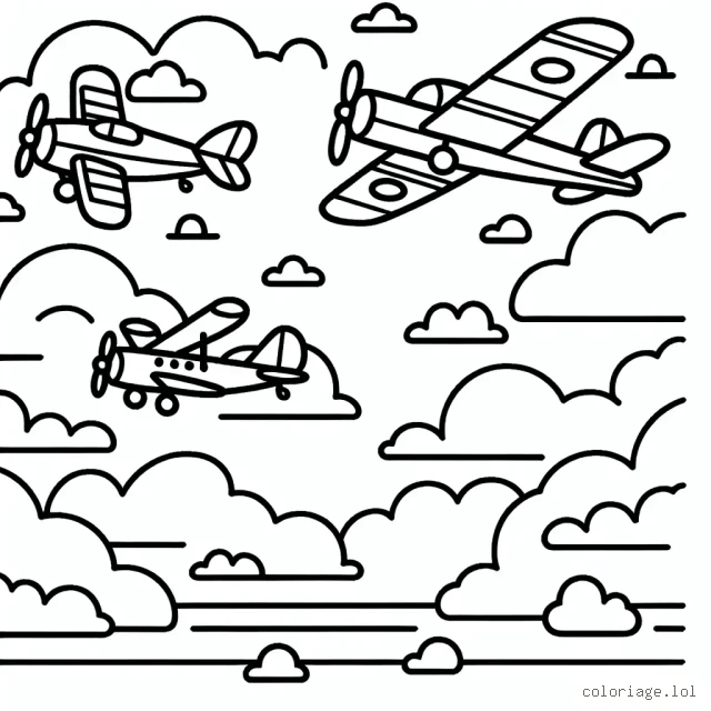 Imaginer une scène où un groupe d'avions de différentes formes et tailles volent dans le ciel rempli de nuages.