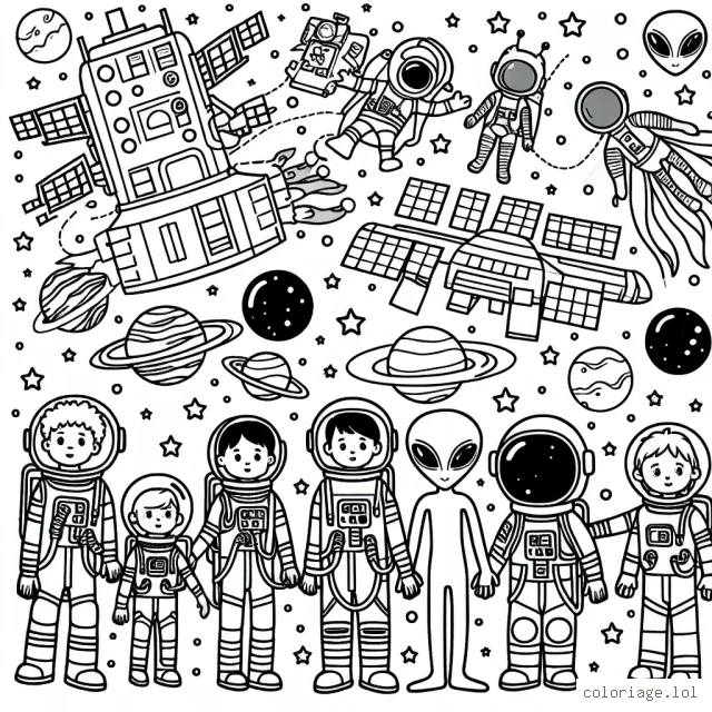 Dessine ta propre station spatiale avec les astronautes et les aliens en train de partager une rencontre intergalactique
