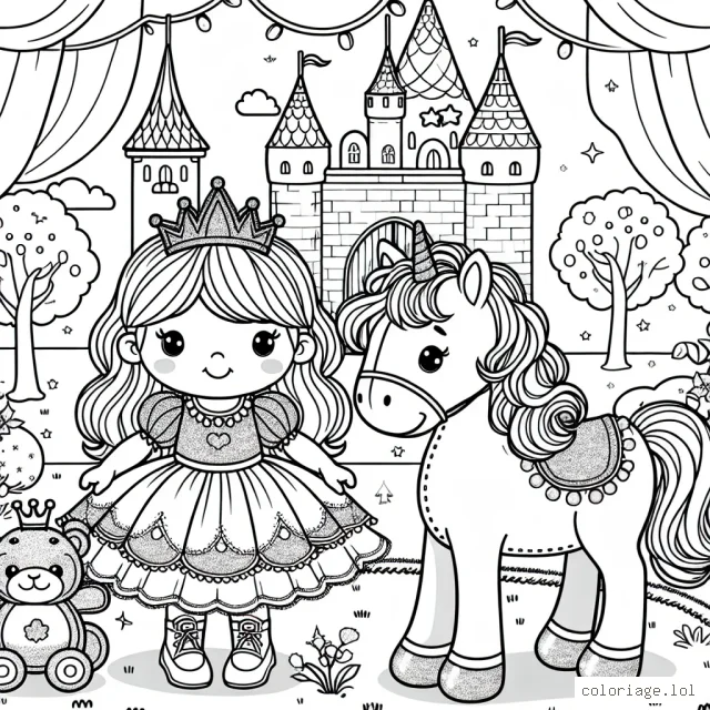 Une petite princesse avec sa couronne scintillante se tient à côté de son cheval en peluche préféré dans sa chambre de château féerique, entourée par une forêt enchantée