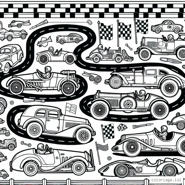 Imagine une scène dynamique sur une piste de course remplie de voitures de différentes formes et tailles. N'oublie pas d'incorporer dans le dessin des voitures classiques, des voitures de sport, des voitures familiales et même des bolides de course. Ajoute aussi du public enthousiaste et des drapeaux pour créer une ambiance de course excitante.