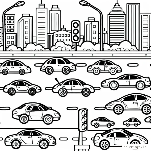 Dessine une course folle entre différents modèles de voitures dans une ville animée.