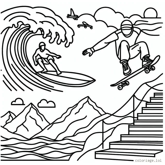 Dessine un surfeur qui défie un très haut vague, un skateboarder en plein saut au-dessus d'un escalier, et un Base jumper sautant d'une montagne.