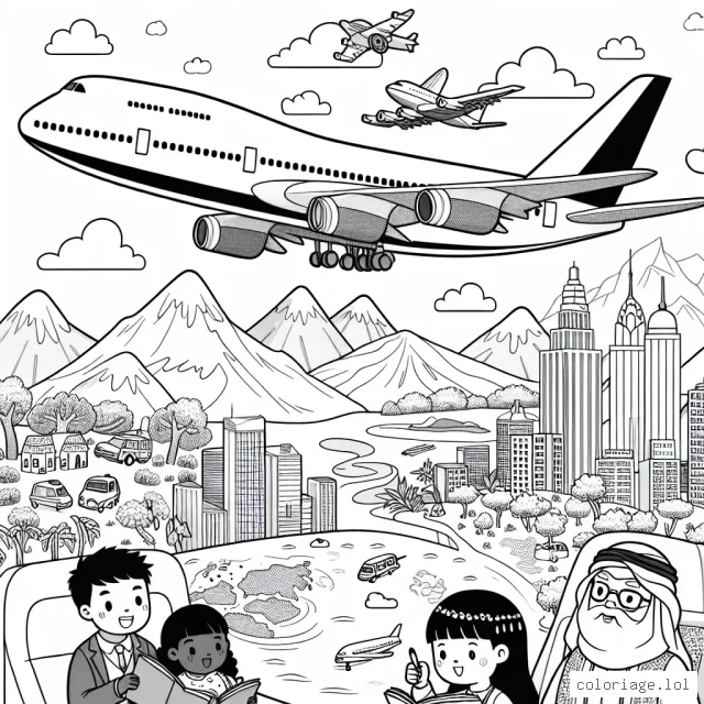 Un grand avion à réaction survole le monde, passant au-dessus des paysages variés tels que des montagnes enneigées, des déserts arides, des forêts tropicales et des gratte-ciels urbains. Le ciel est parsemé de nuages doux que l'avion traverse. À l'intérieur, des passagers divers et variés voyagent, chacun avec une apparence et un costume différent.